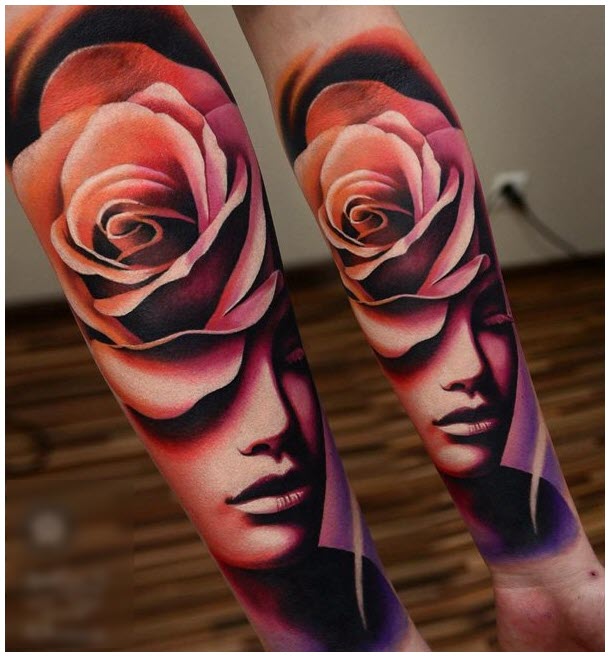Hình xăm hoa hồng cô gái và hoa hồng trên cánh tay